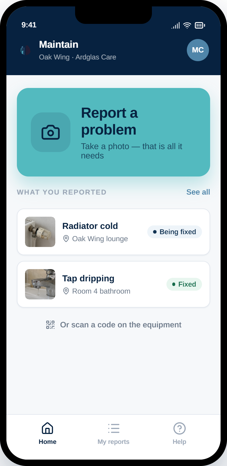 SiteIQ Maintain on a phone showing report a problem and recent reports