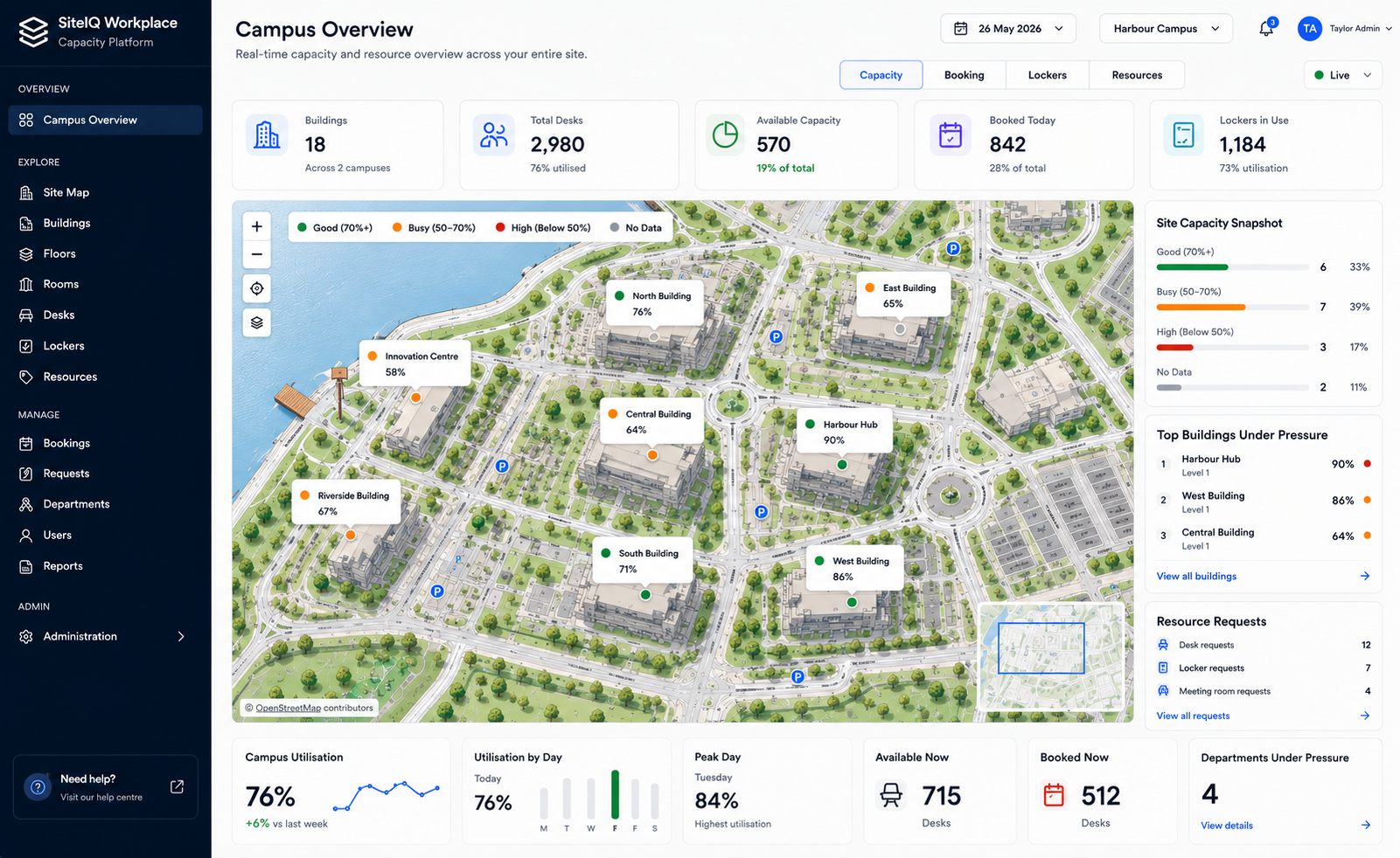 SiteIQ Workplace campus overview and capacity dashboard